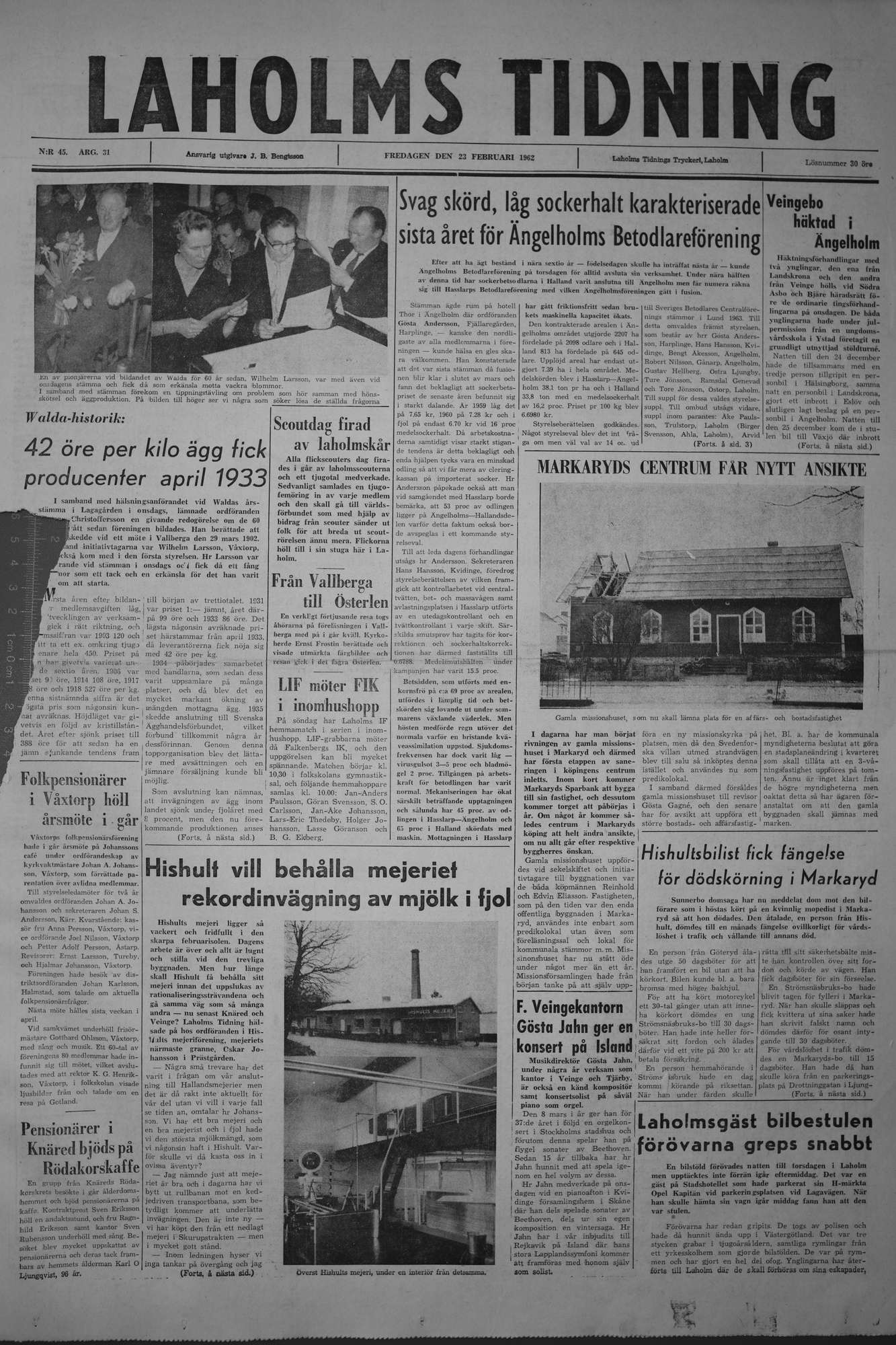 Laholms Tidning Fredag 23 februari 1962, sida 1