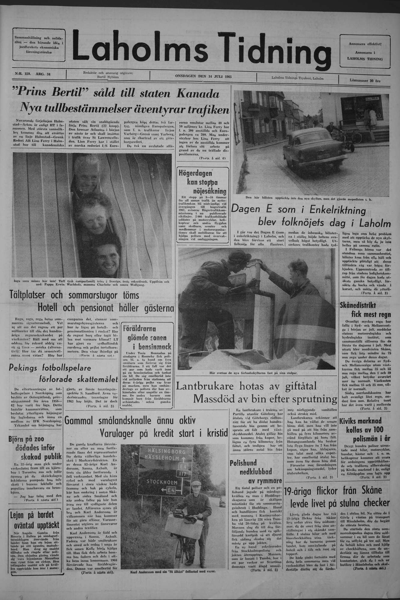 Laholms Tidning Onsdag 14 juli 1965, sida 1
