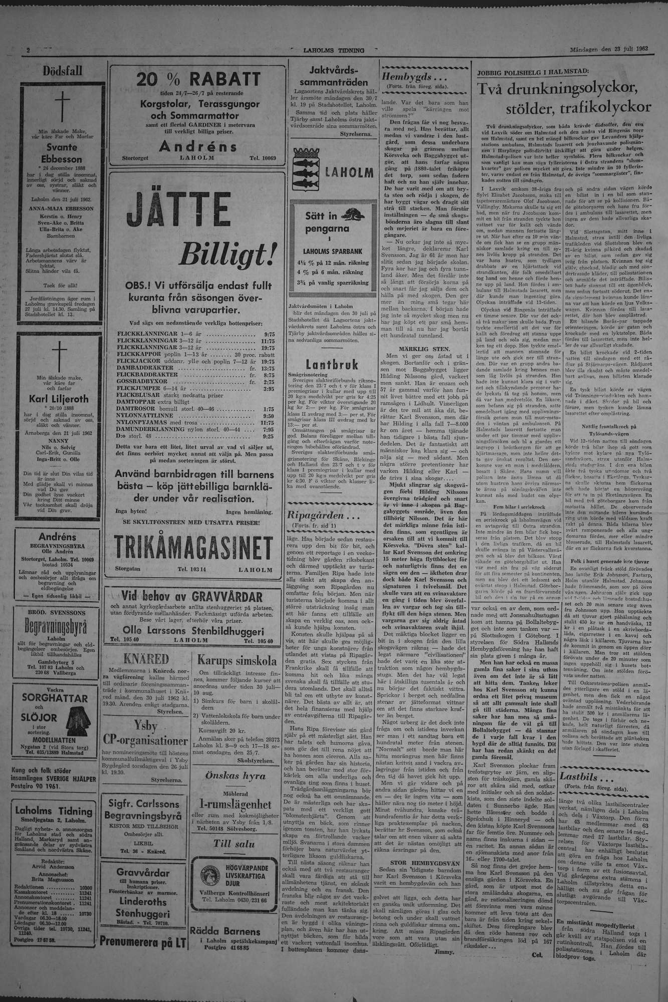 Laholms Tidning Måndag 23 juli 1962, sida 2