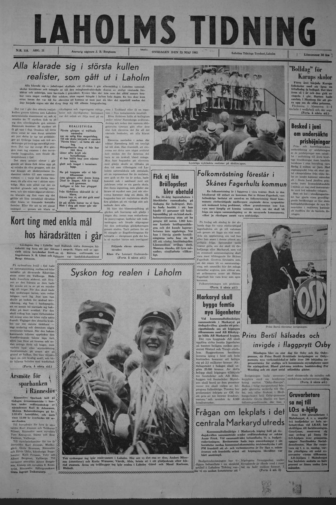 Laholms Tidning Onsdag 23 maj 1962, sida 1