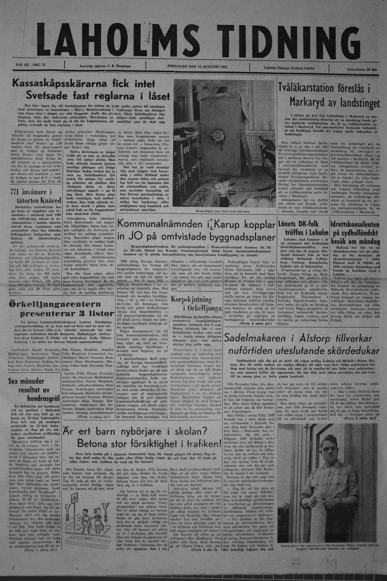 Laholms Tidning Fredag 24 augusti 1962, sida 1