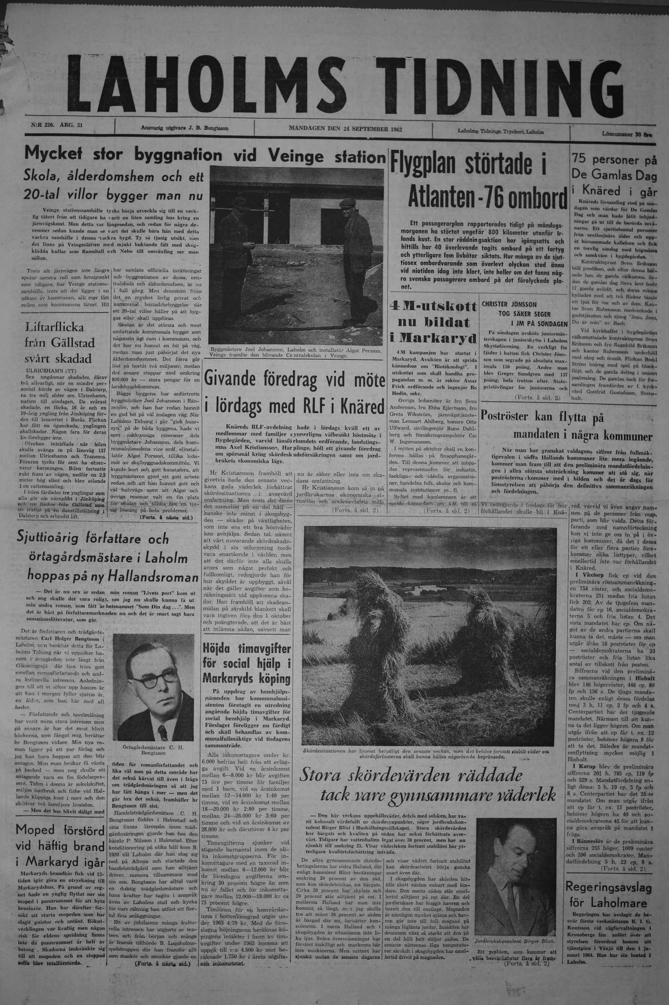 Laholms Tidning Måndag 24 september 1962, sida 1
