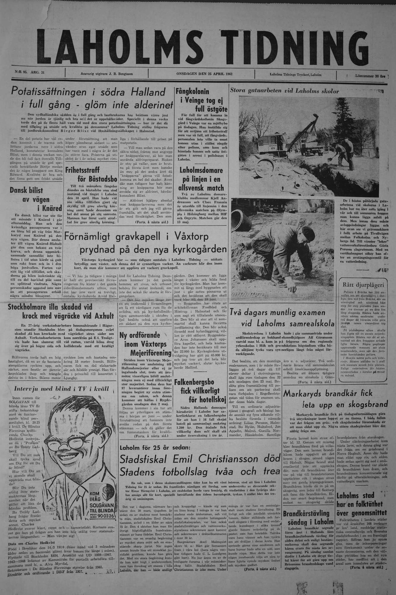 Laholms Tidning Onsdag 25 april 1962, sida 1