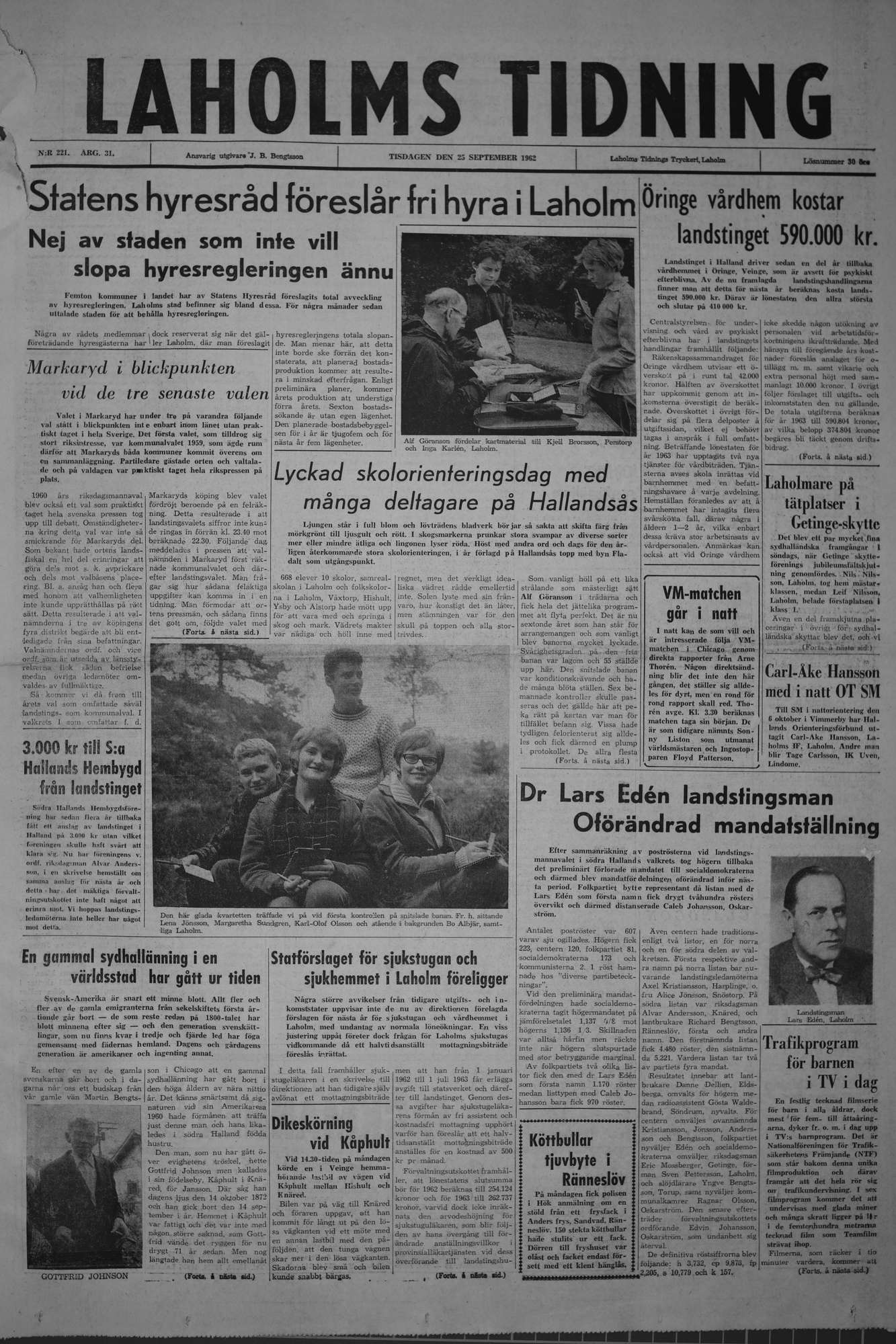 Laholms Tidning Tisdag 25 september 1962, sida 1