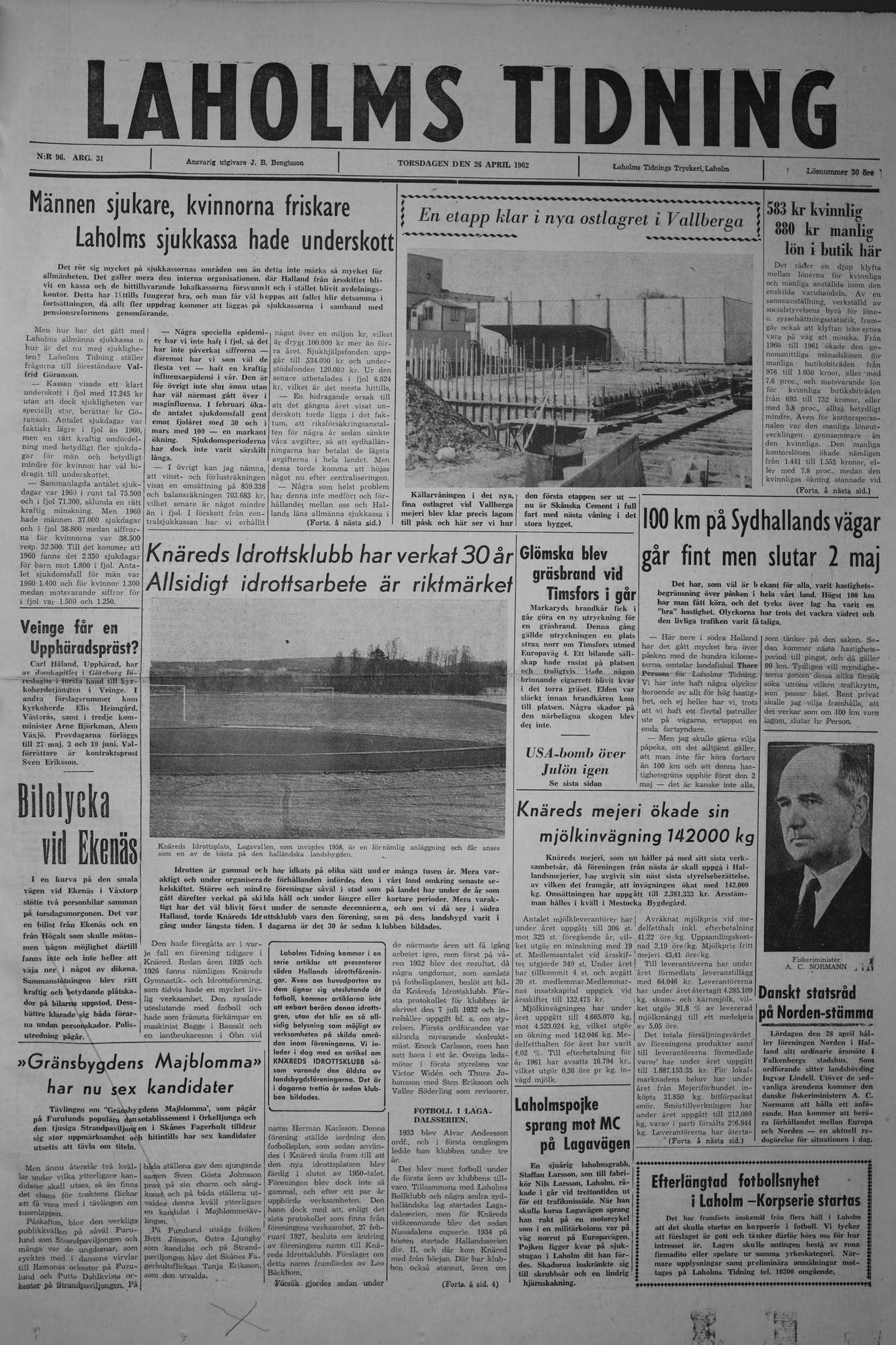 Laholms Tidning Torsdag 26 april 1962, sida 1