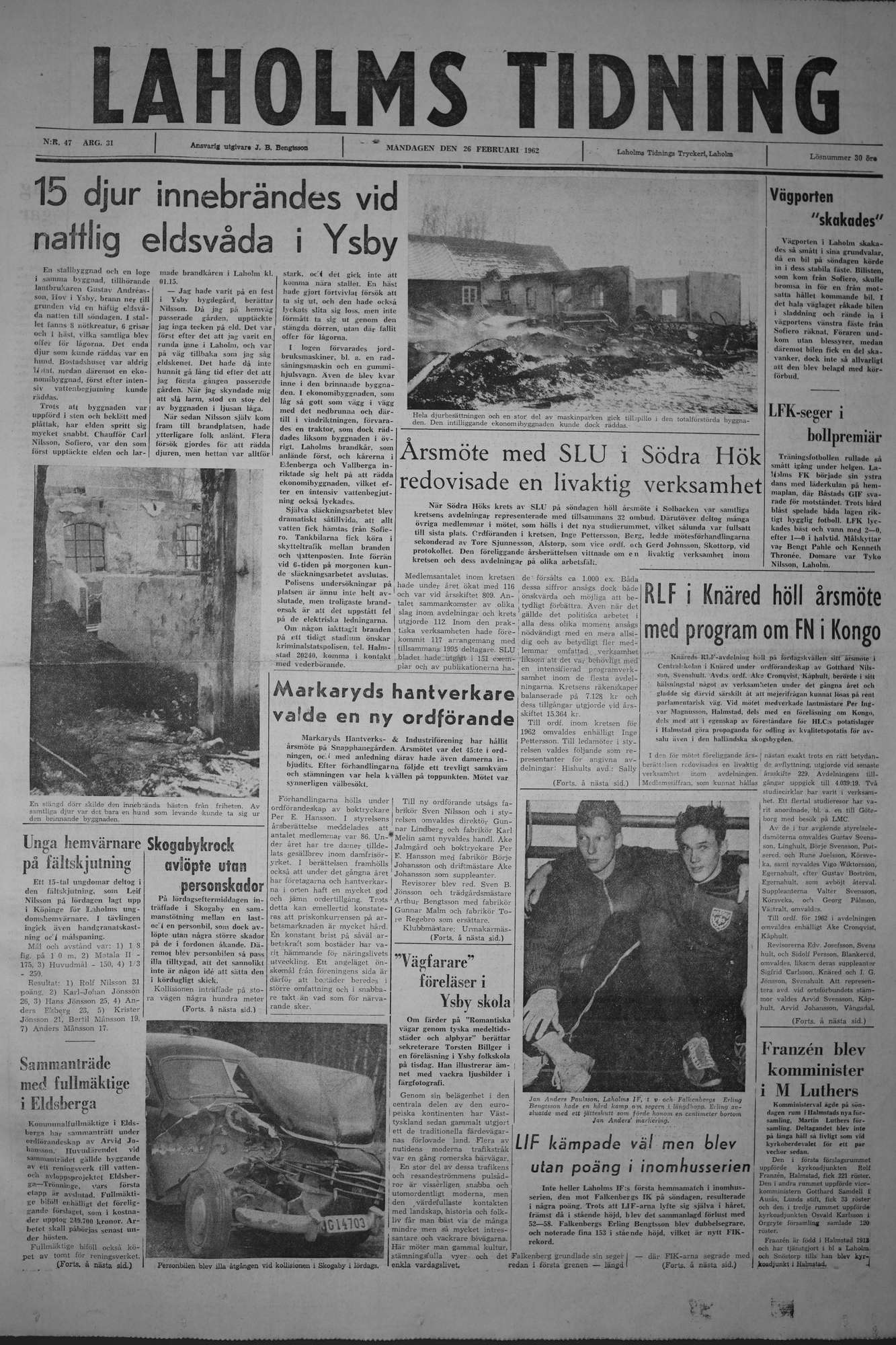 Laholms Tidning Måndag 26 februari 1962, sida 1