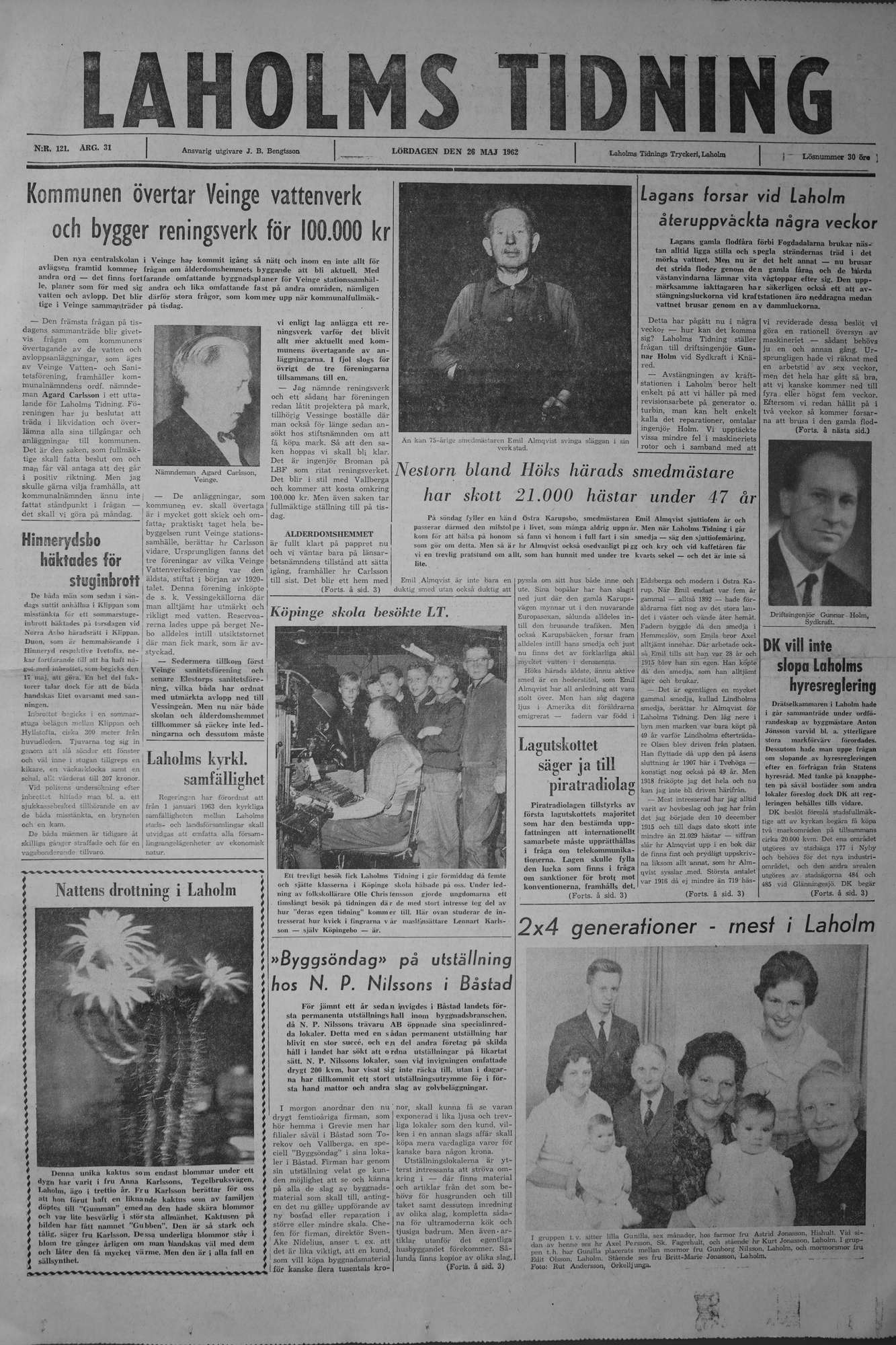 Laholms Tidning Lördag 26 maj 1962, sida 1