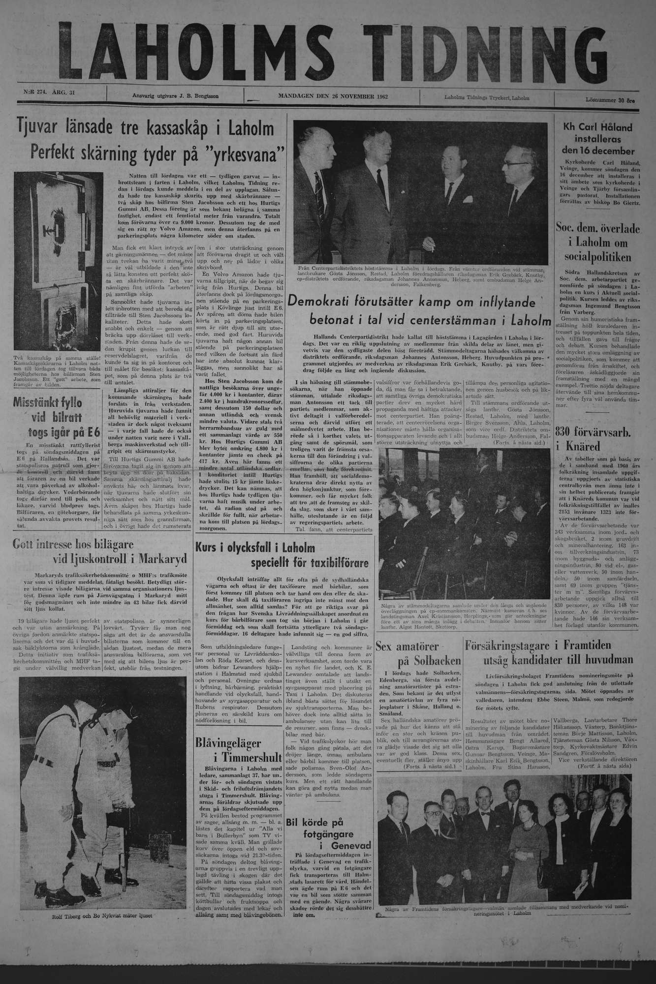 Laholms Tidning Måndag 26 november 1962, sida 1