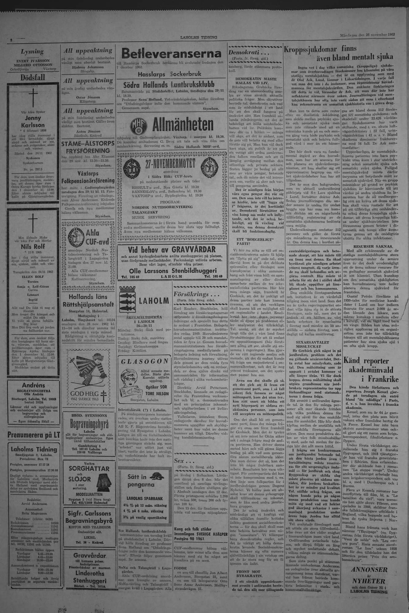 Laholms Tidning Måndag 26 november 1962, sida 2