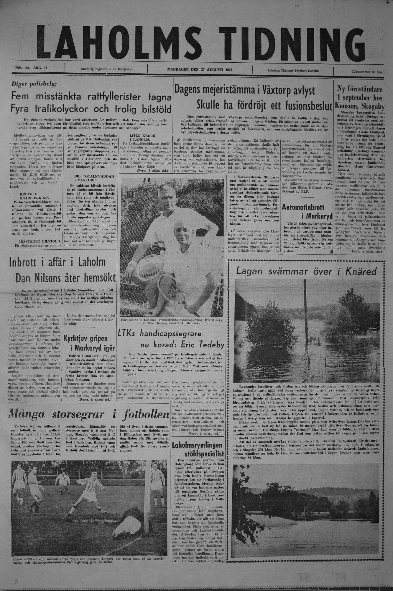 Laholms Tidning Måndag 27 augusti 1962, sida 1