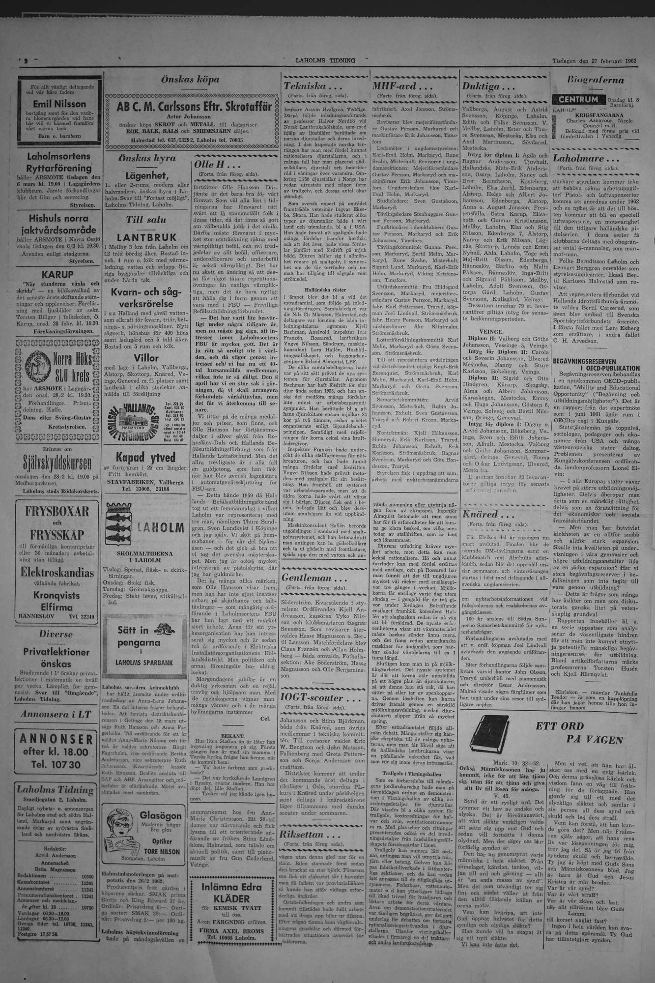 Laholms Tidning Tisdag 27 februari 1962, sida 2