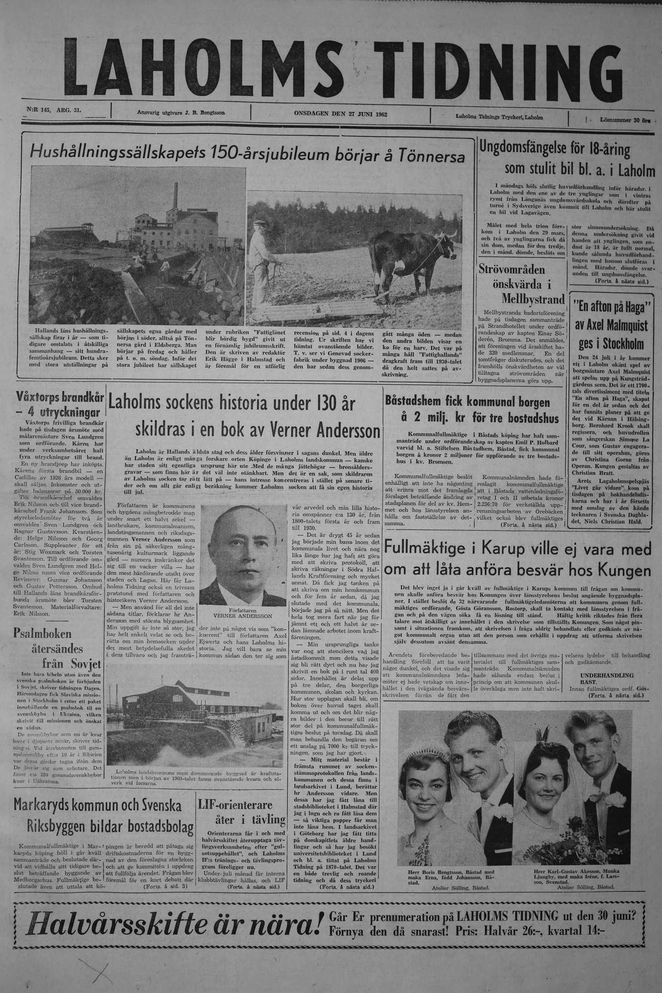 Laholms Tidning Onsdag 27 juni 1962, sida 1