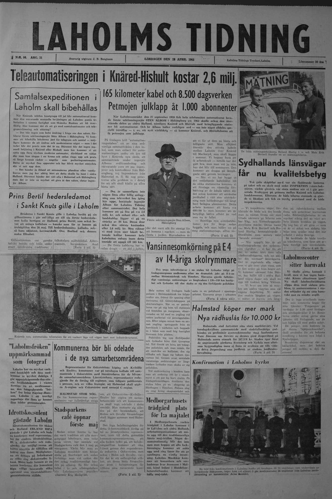 Laholms Tidning Lördag 28 april 1962, sida 1