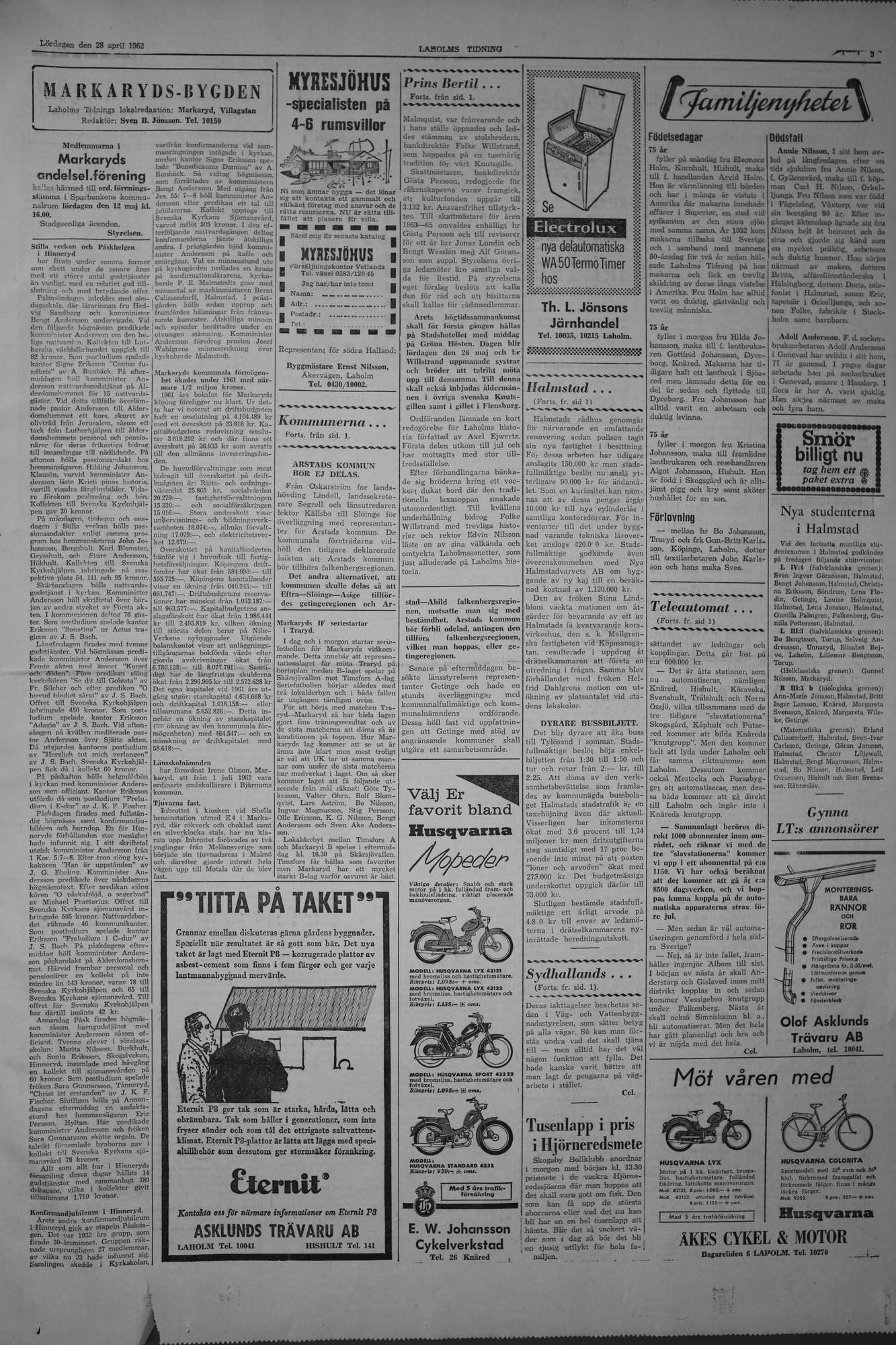 Laholms Tidning Lördag 28 april 1962, sida 3