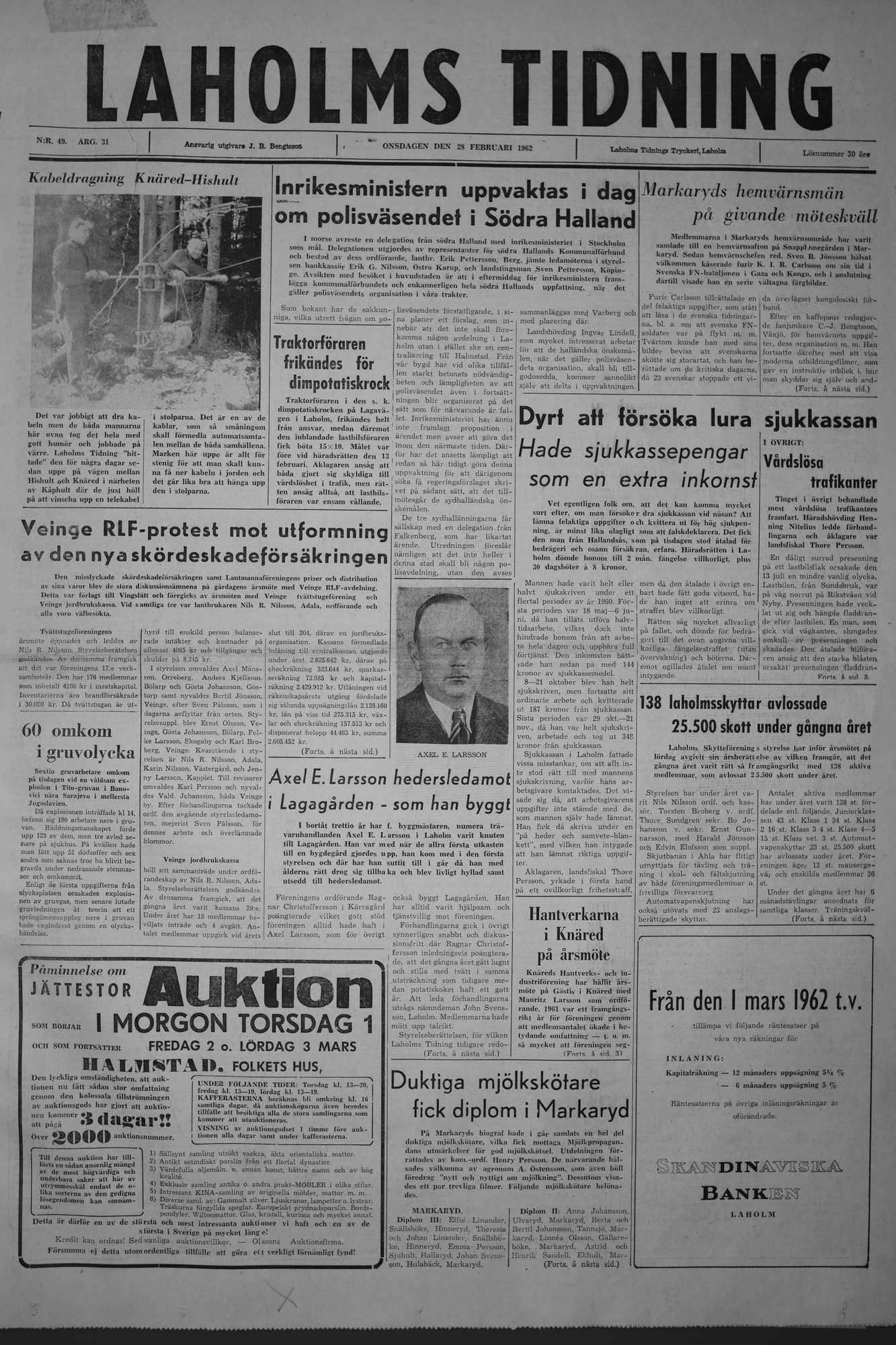 Laholms Tidning Onsdag 28 februari 1962, sida 1