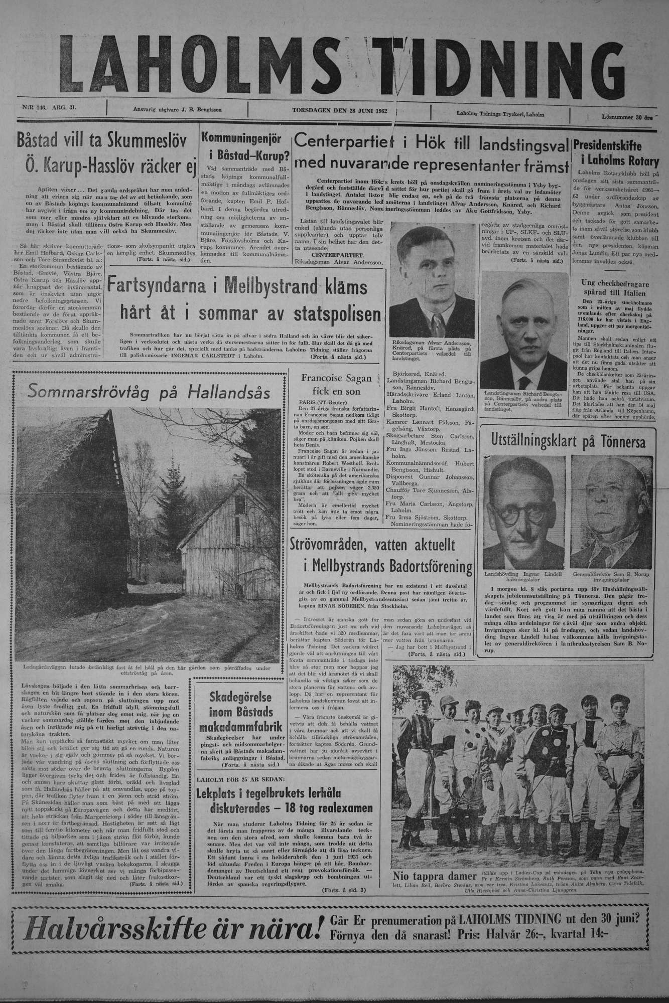 Laholms Tidning Torsdag 28 juni 1962, sida 1