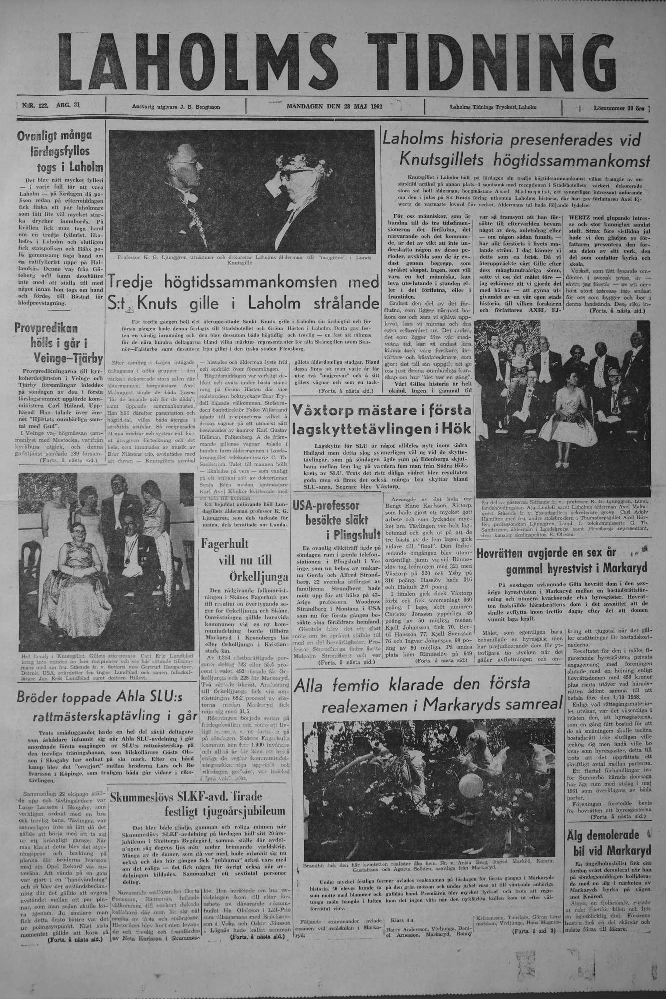 Laholms Tidning Måndag 28 maj 1962, sida 1