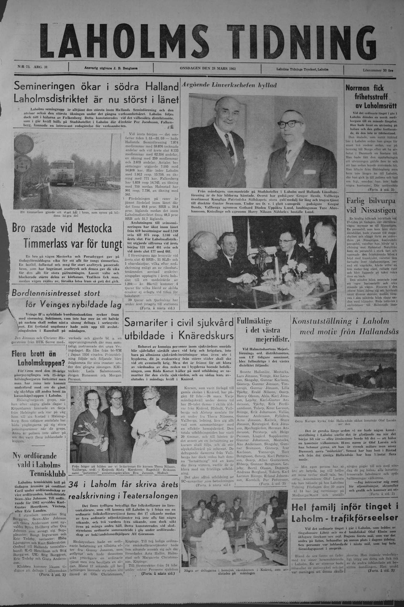 Laholms Tidning Onsdag 28 mars 1962, sida 1