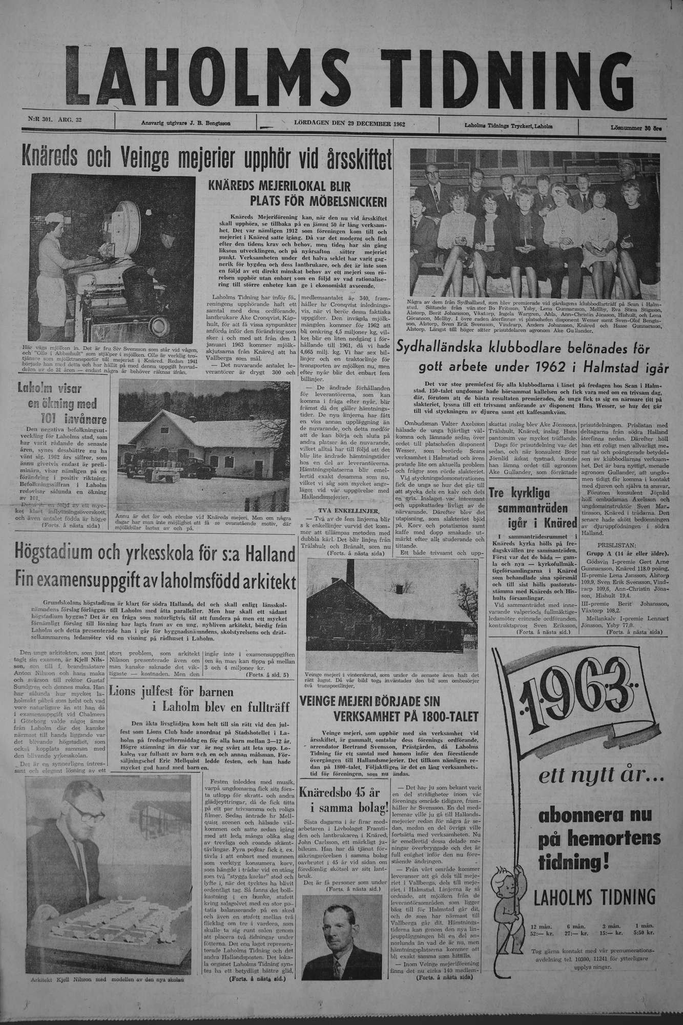 Laholms Tidning Lördag 29 december 1962, sida 1
