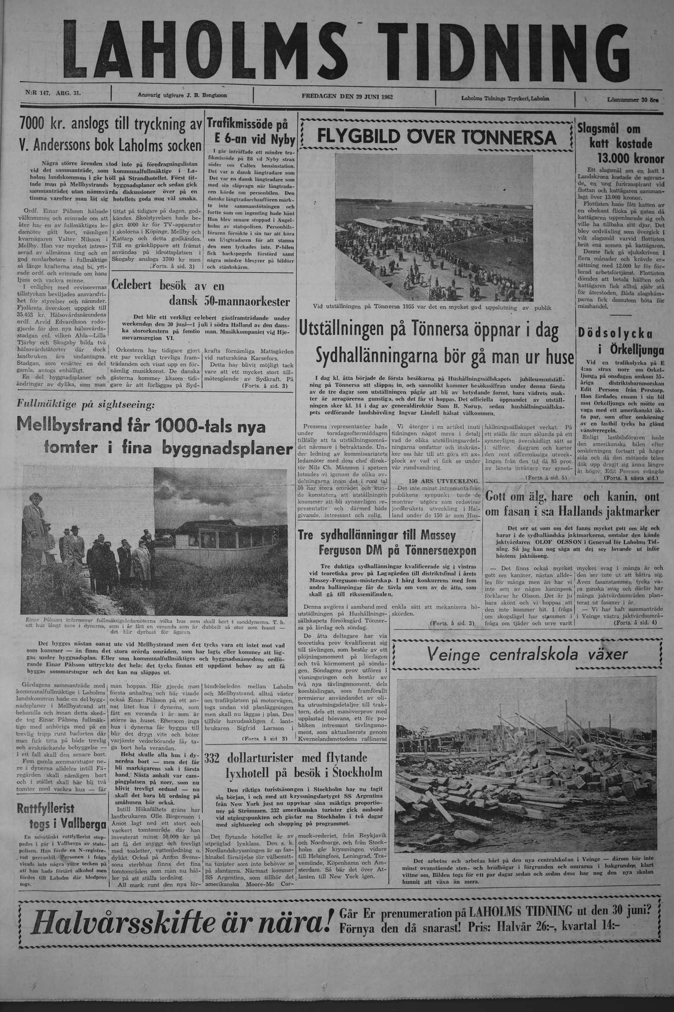 Laholms Tidning Fredag 29 juni 1962, sida 1