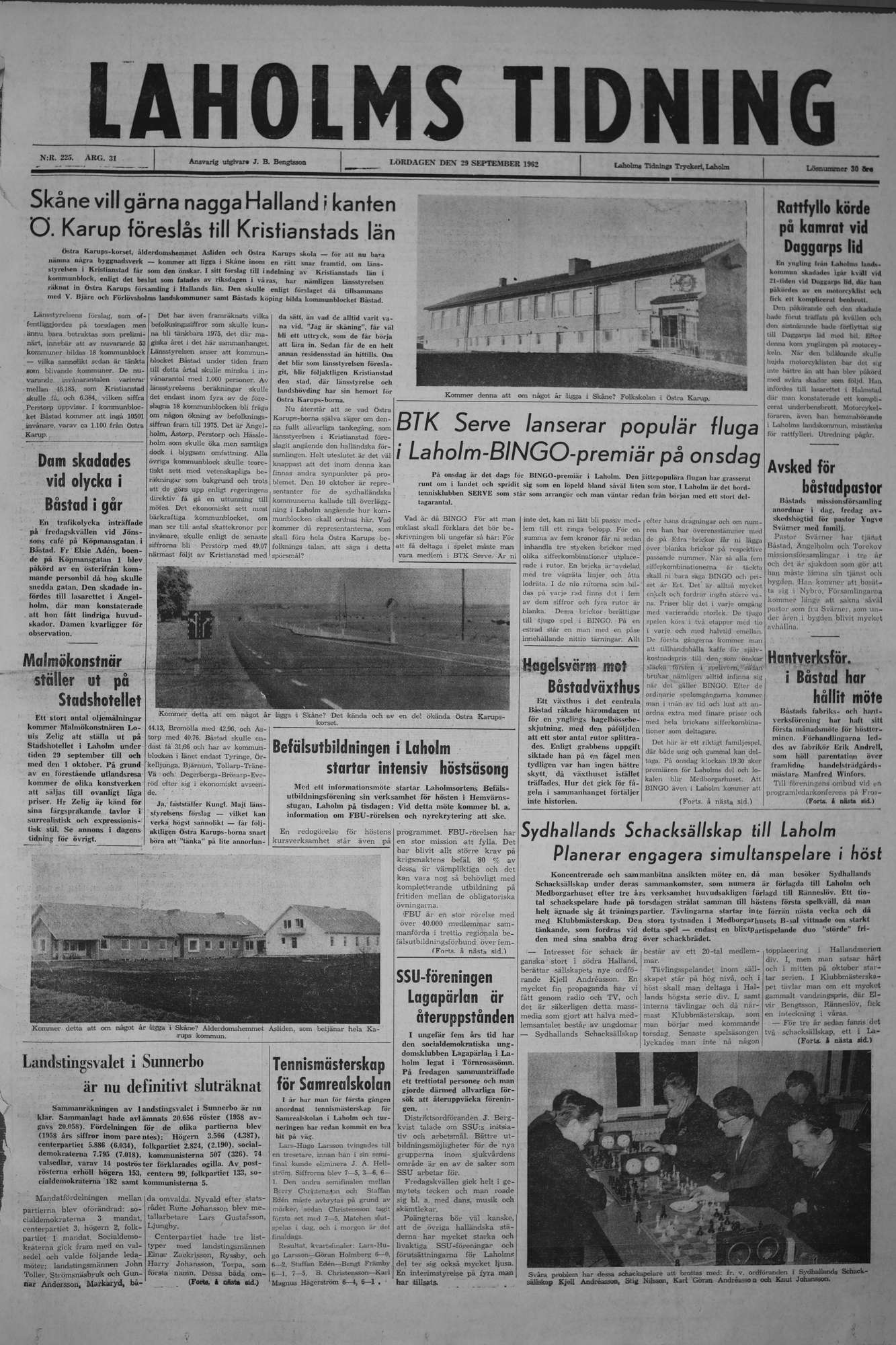 Laholms Tidning Lördag 29 september 1962, sida 1