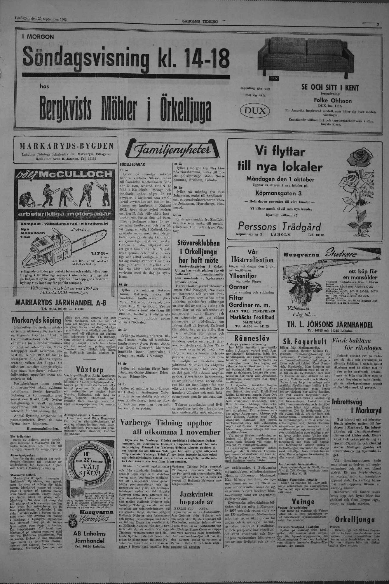 Laholms Tidning Lördag 29 september 1962, sida 3
