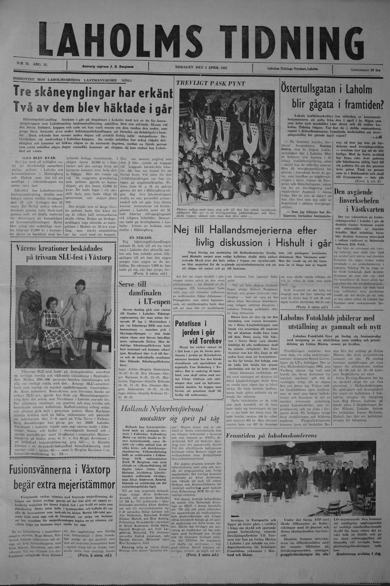 Laholms Tidning Tisdag 3 april 1962, sida 1