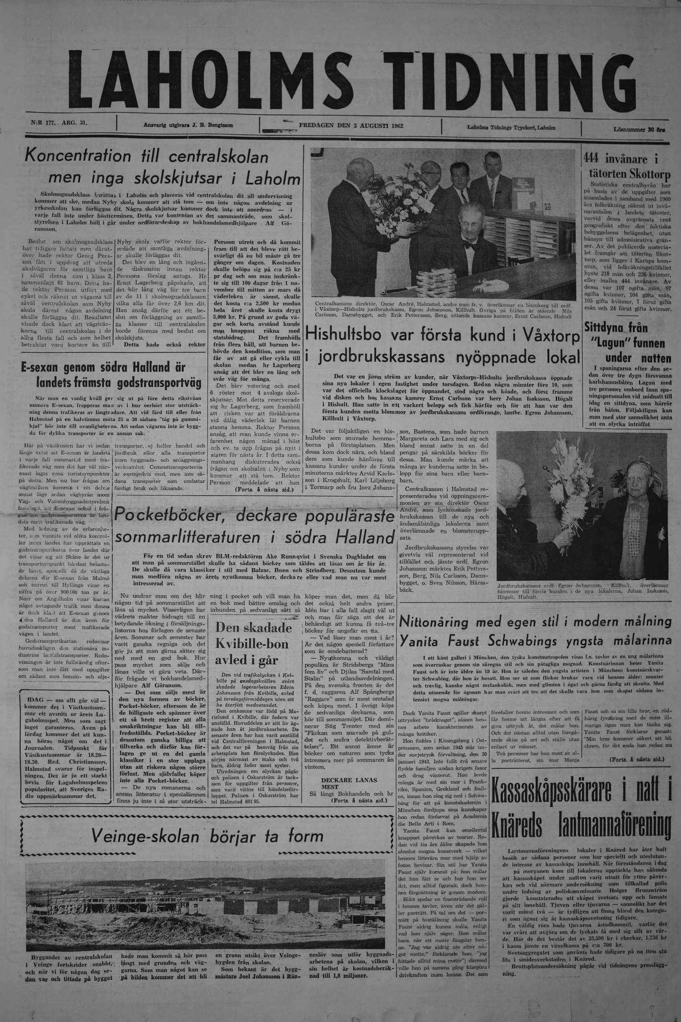 Laholms Tidning Fredag 3 augusti 1962, sida 1
