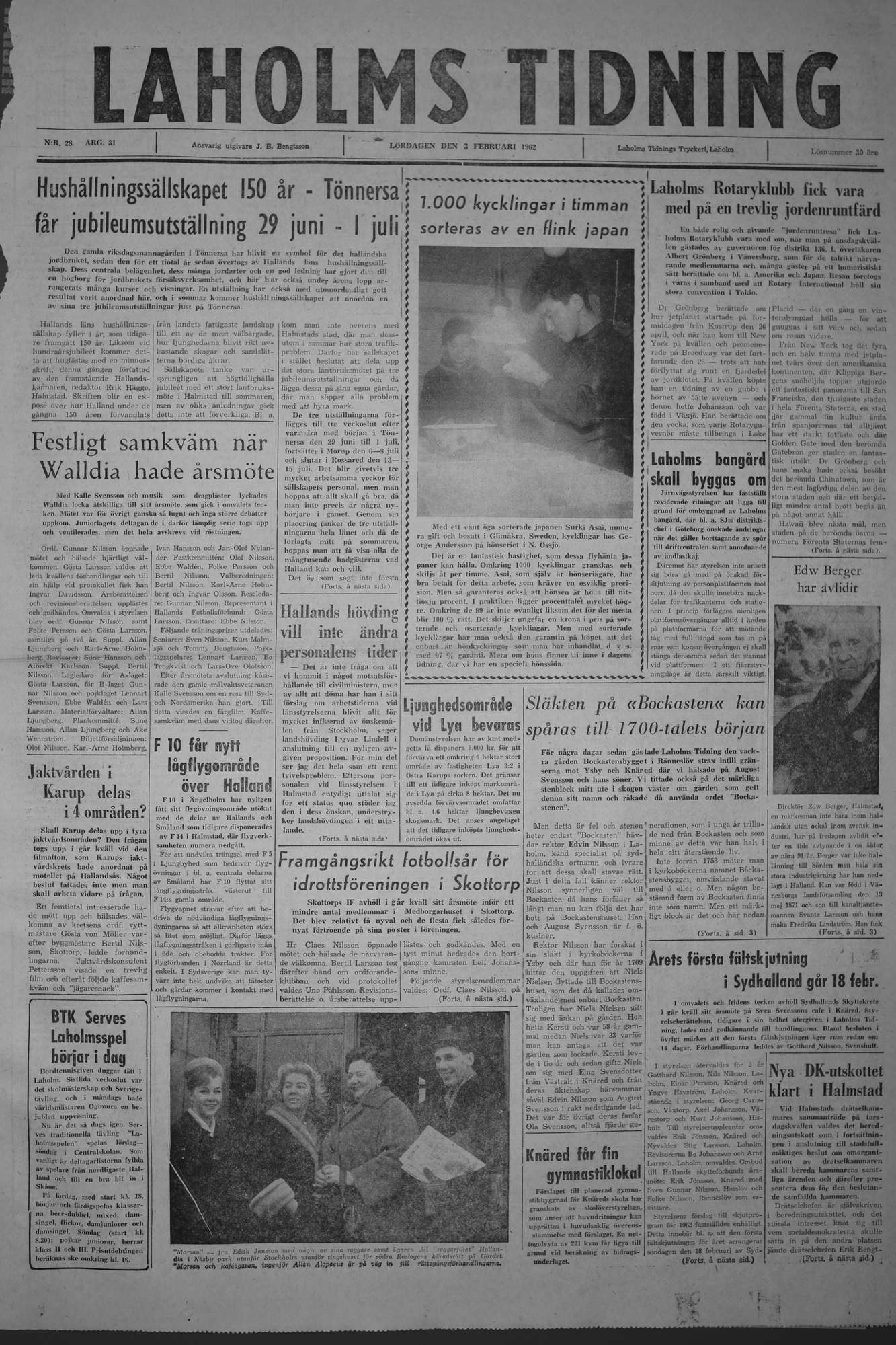 Laholms Tidning Lördag 3 februari 1962, sida 1