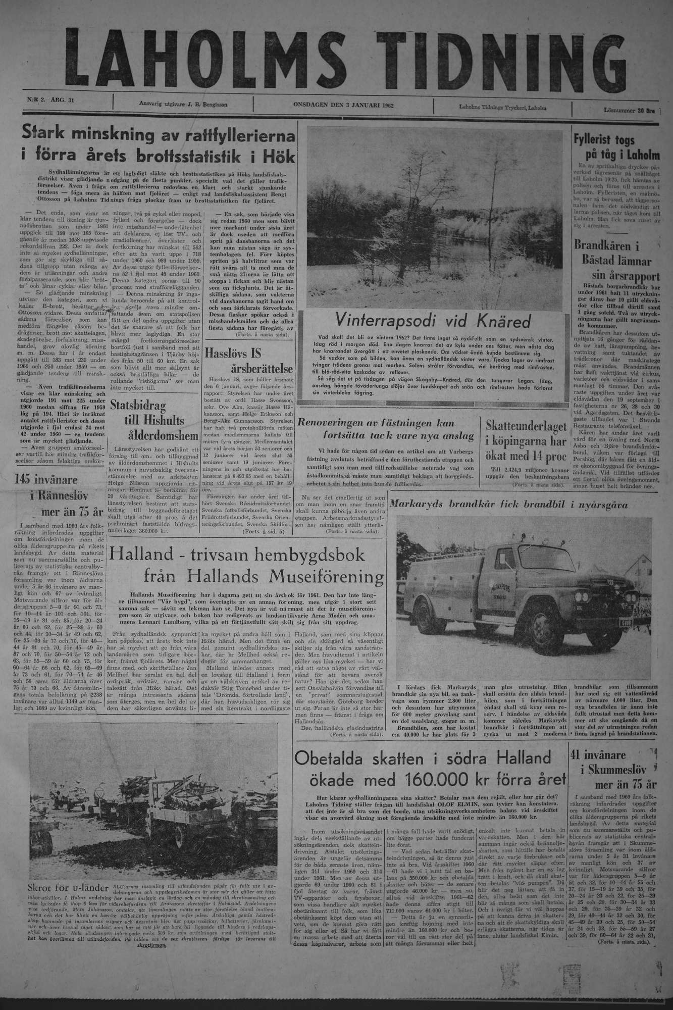 Laholms Tidning Onsdag 3 januari 1962, sida 1