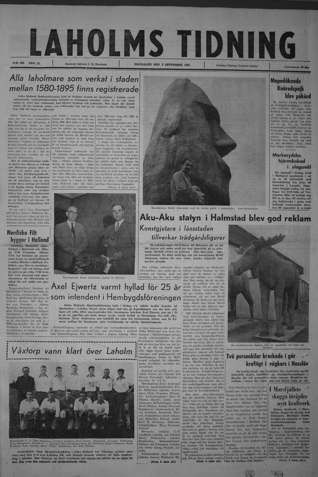 Laholms Tidning Måndag 3 september 1962, sida 1