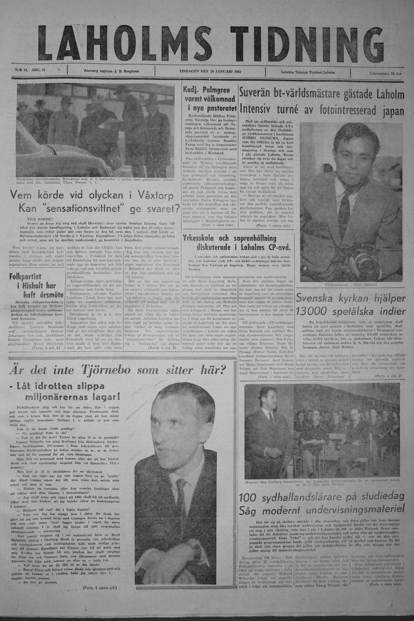 Laholms Tidning Tisdag 30 januari 1962, sida 1