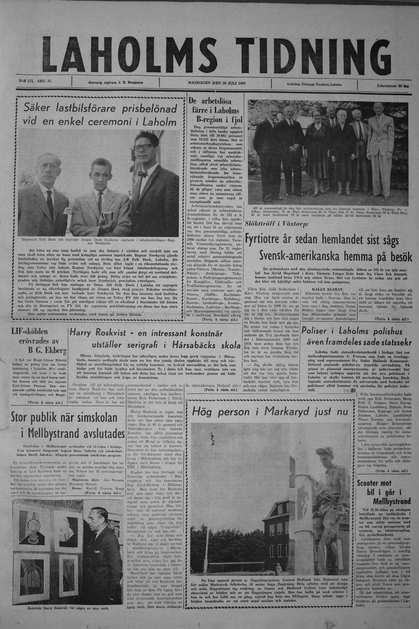 Laholms Tidning Måndag 30 juli 1962, sida 1