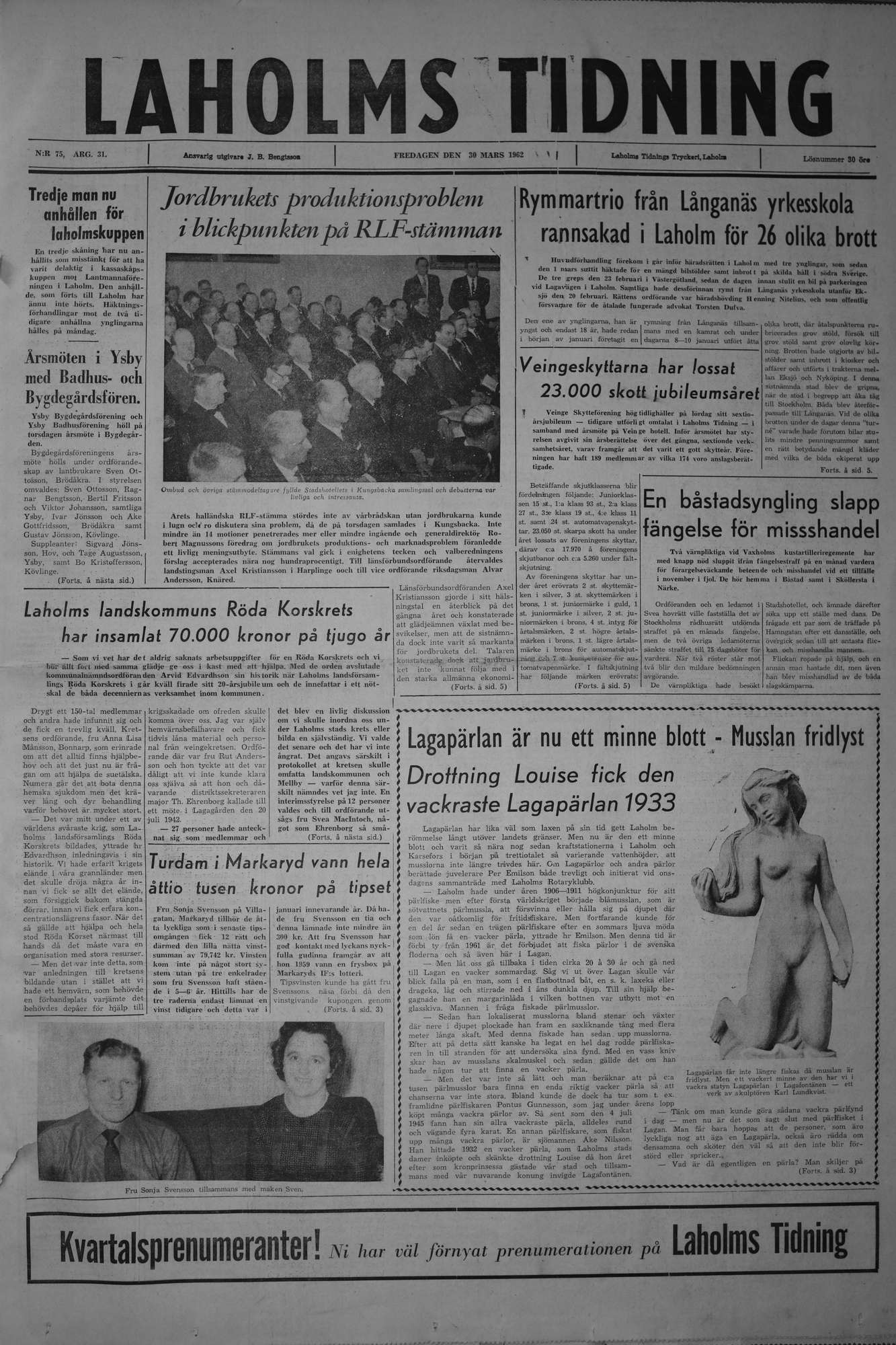 Laholms Tidning Fredag 30 mars 1962, sida 1