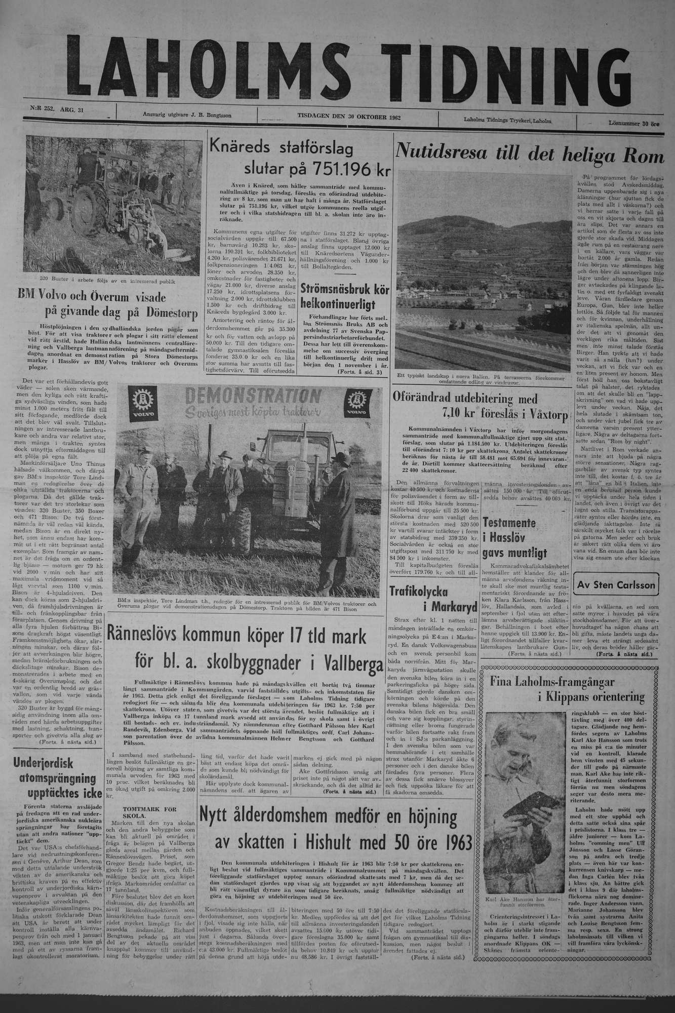 Laholms Tidning Tisdag 30 oktober 1962, sida 1
