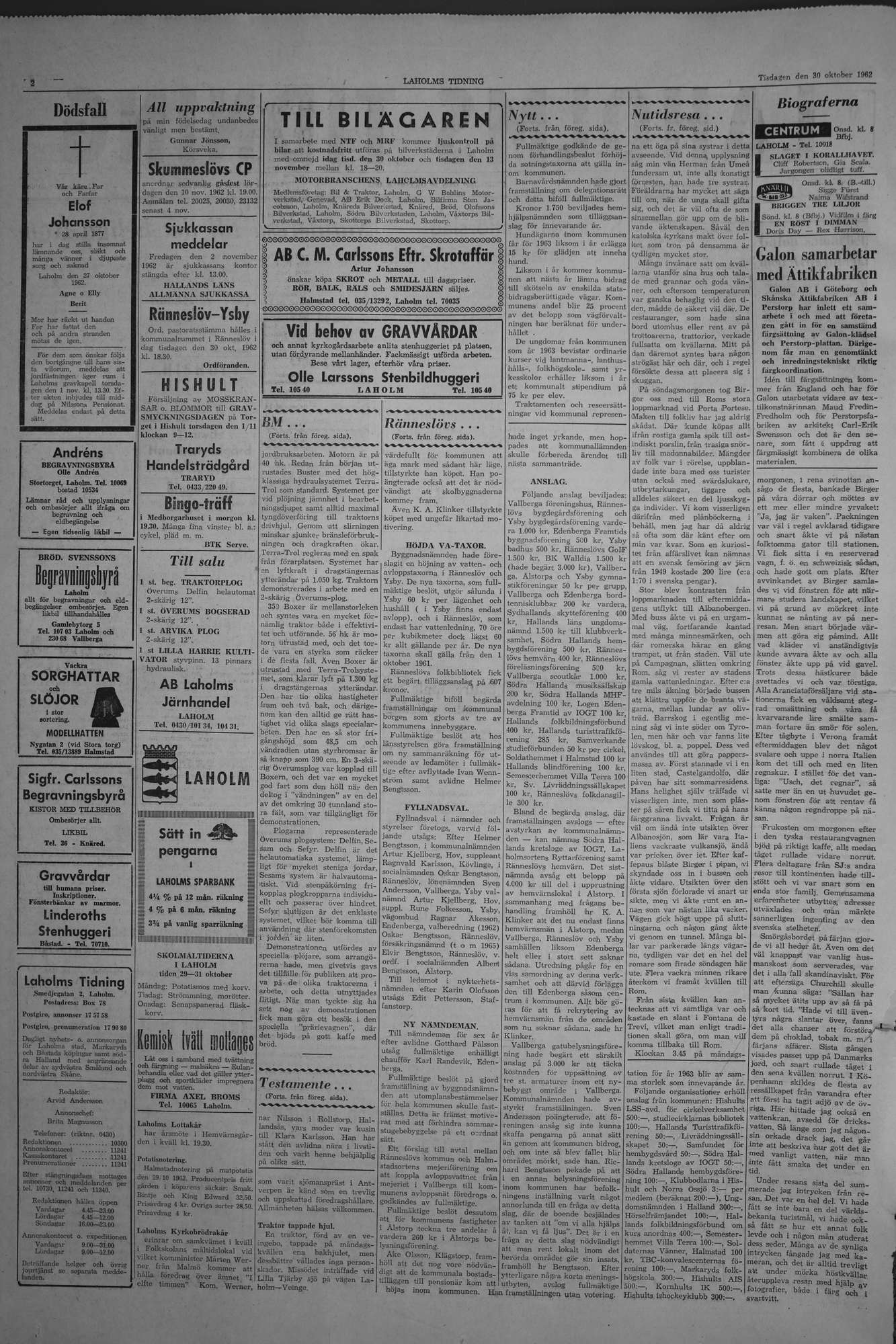 Laholms Tidning Tisdag 30 oktober 1962, sida 2