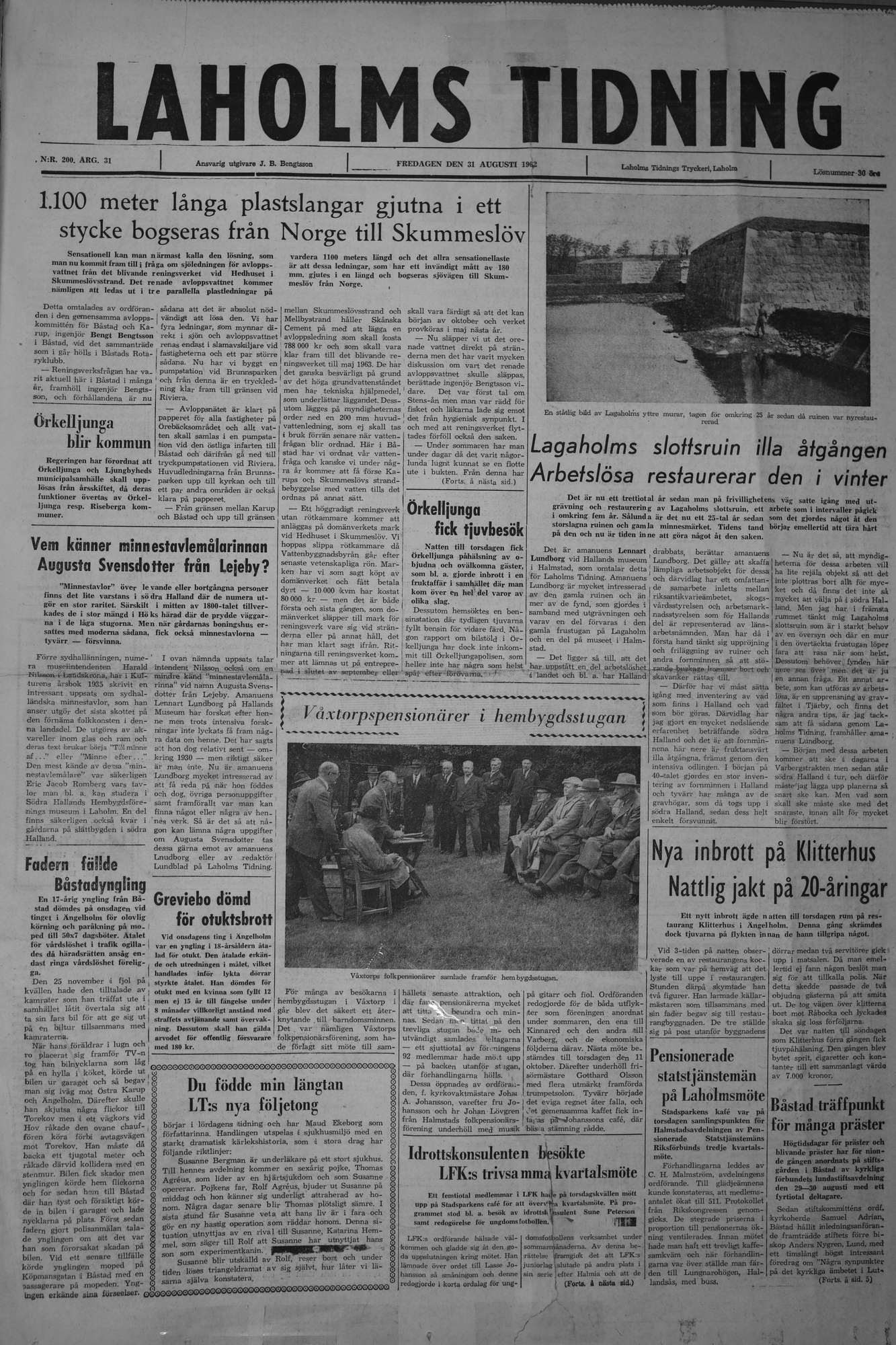Laholms Tidning Fredag 31 augusti 1962, sida 1