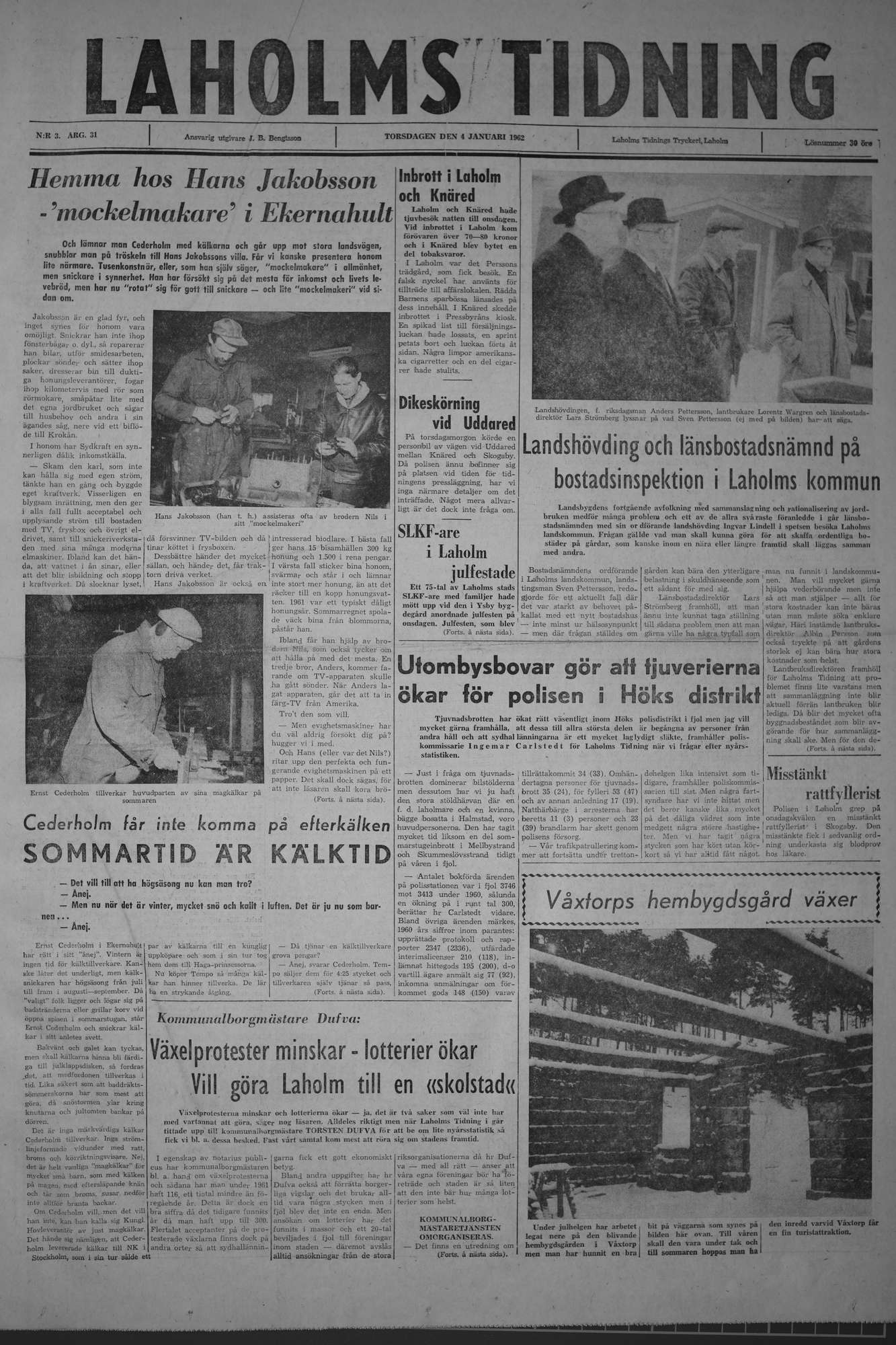 Laholms Tidning Torsdag 4 januari 1962, sida 1