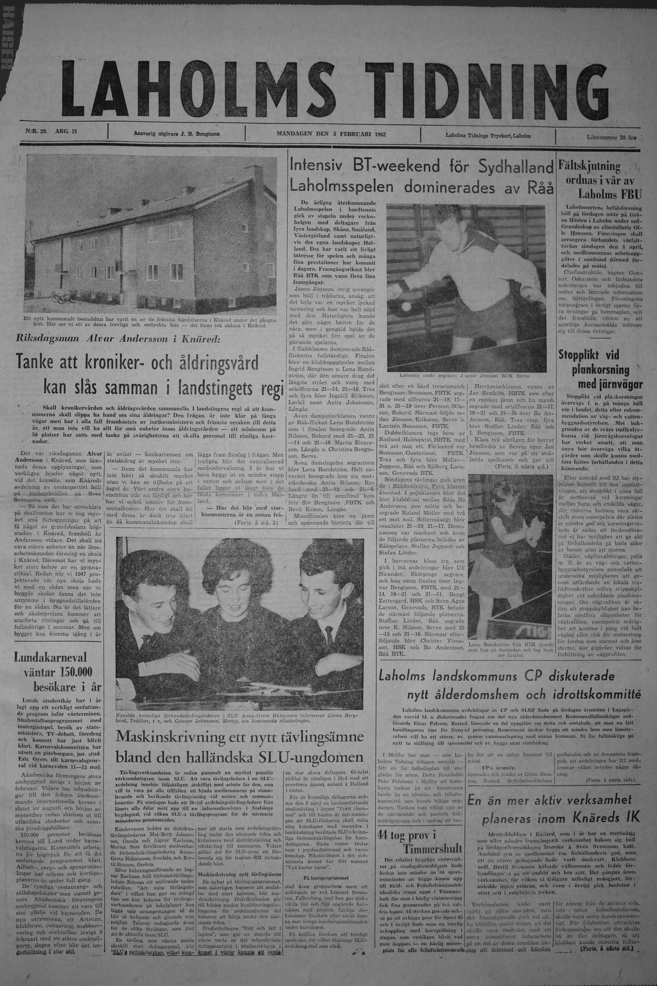Laholms Tidning Måndag 5 februari 1962, sida 1