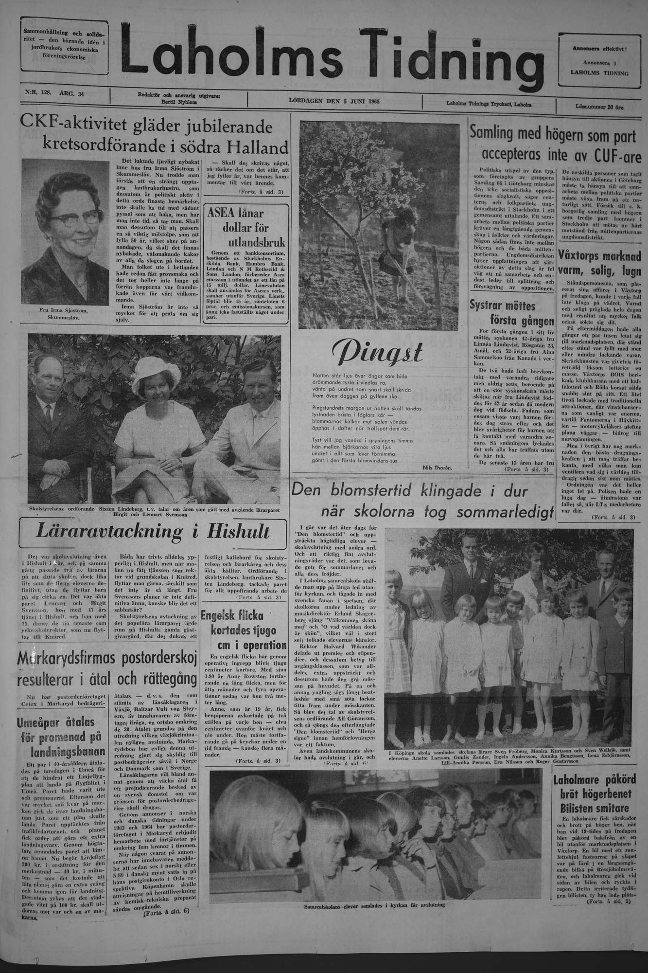 Laholms Tidning Lördag 5 juni 1965, sida 1