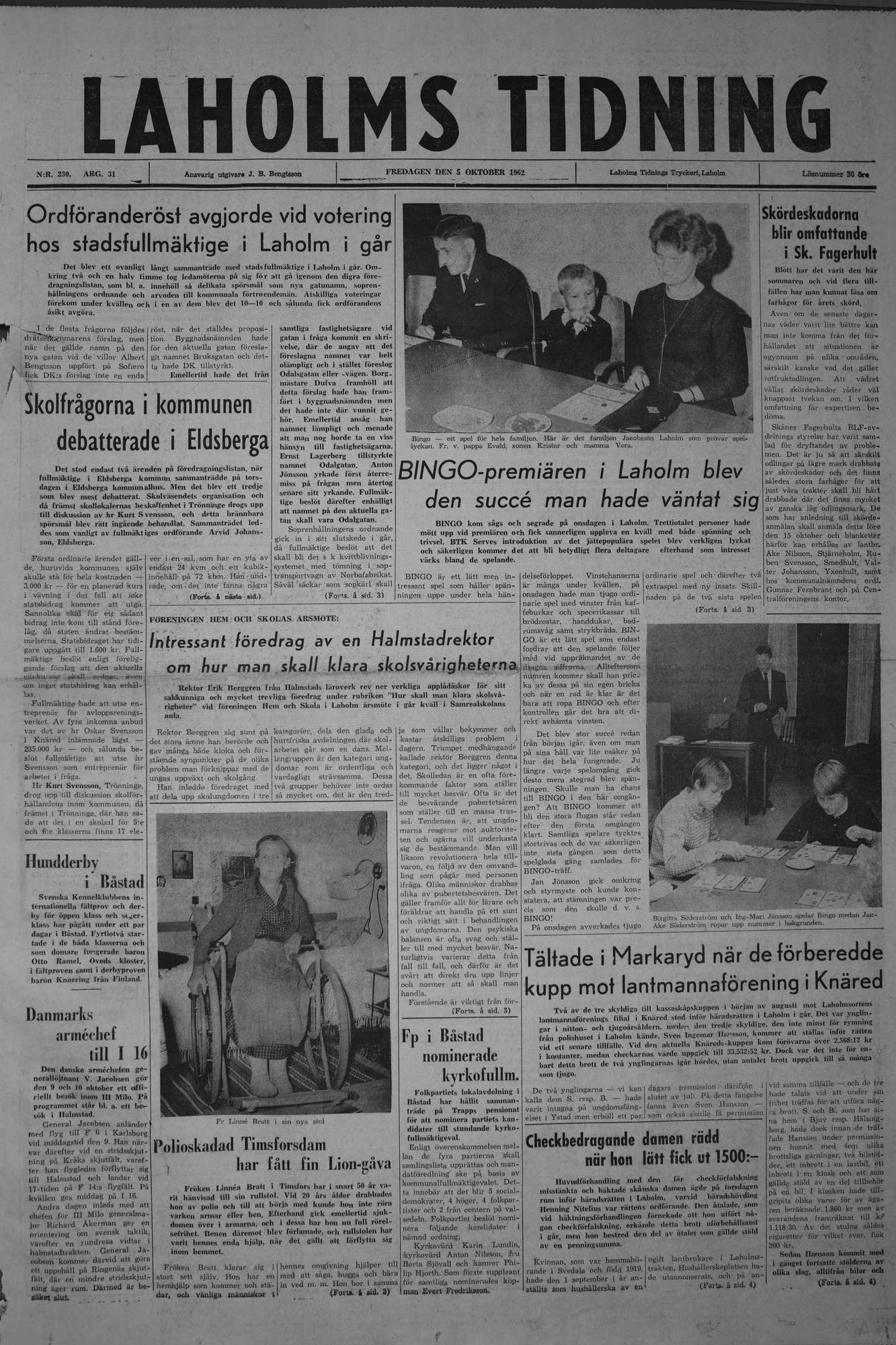 Laholms Tidning Fredag 5 oktober 1962, sida 1
