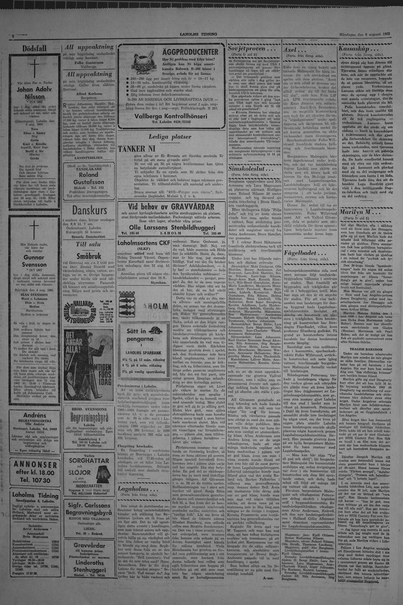 Laholms Tidning Måndag 6 augusti 1962, sida 2