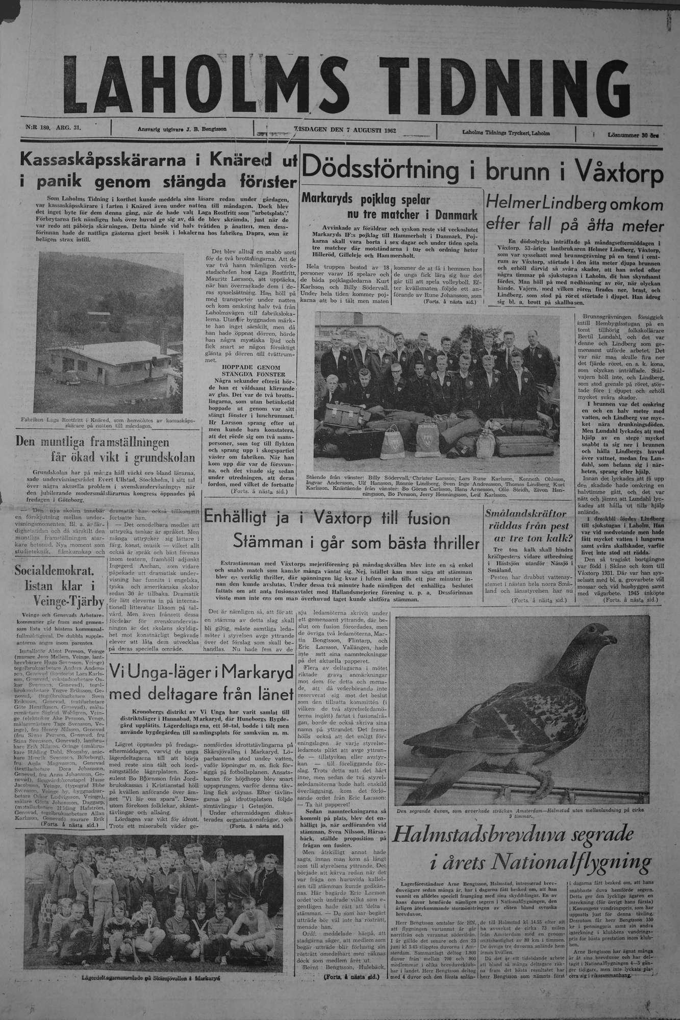 Laholms Tidning Tisdag 7 augusti 1962, sida 1