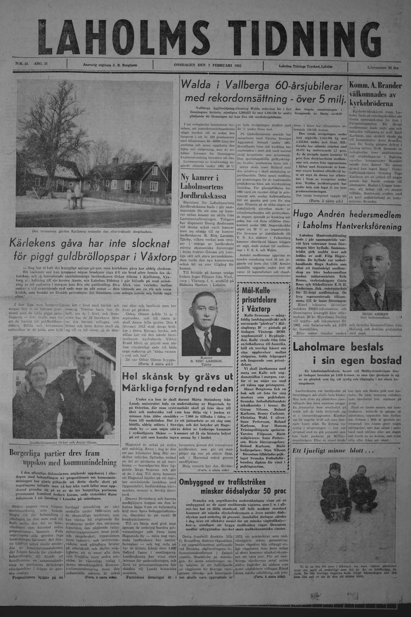 Laholms Tidning Onsdag 7 februari 1962, sida 1