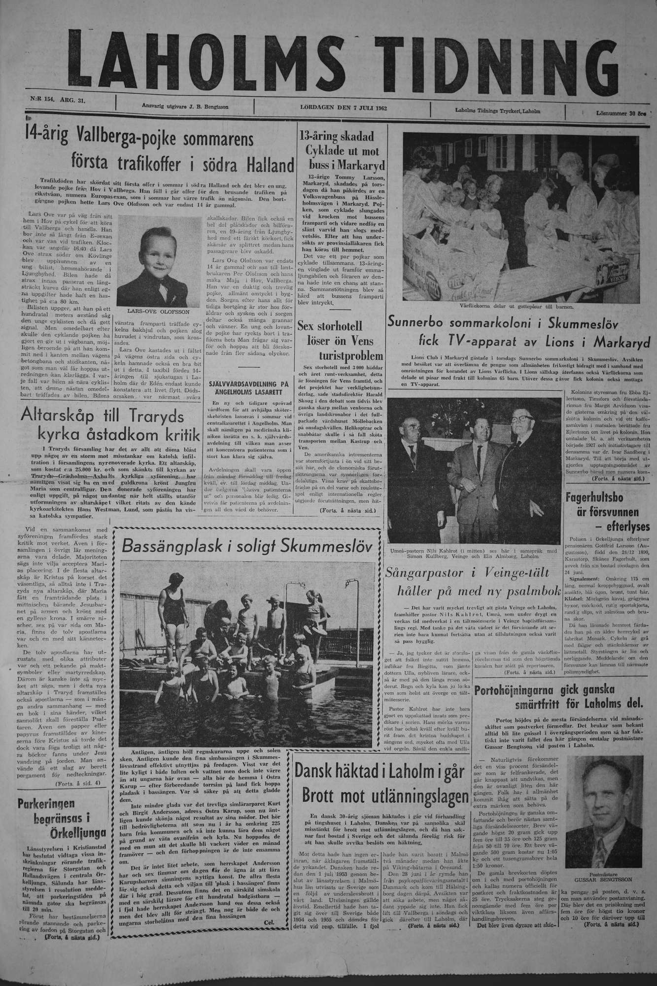 Laholms Tidning Lördag 7 juli 1962, sida 1