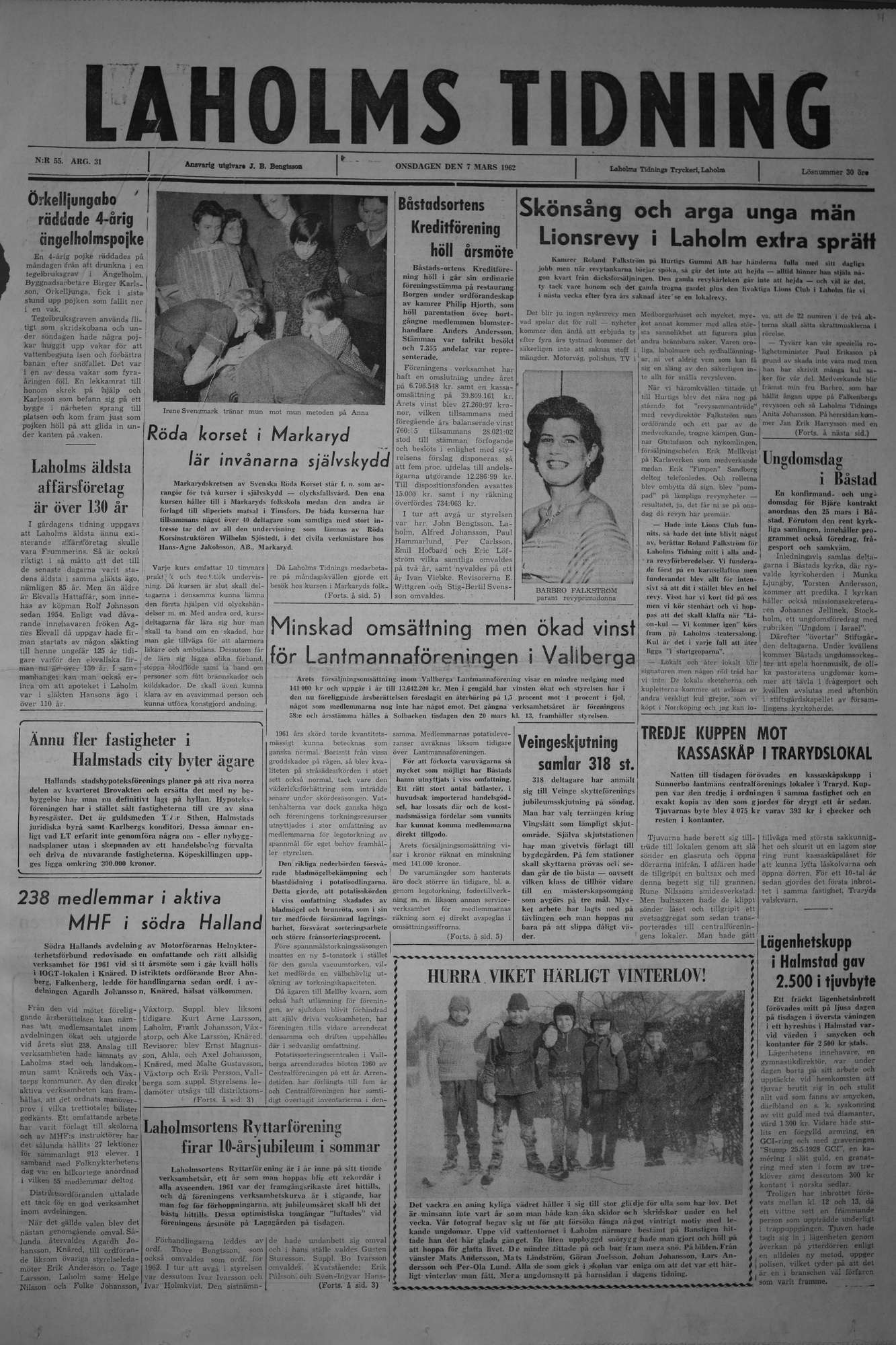 Laholms Tidning Onsdag 7 mars 1962, sida 1