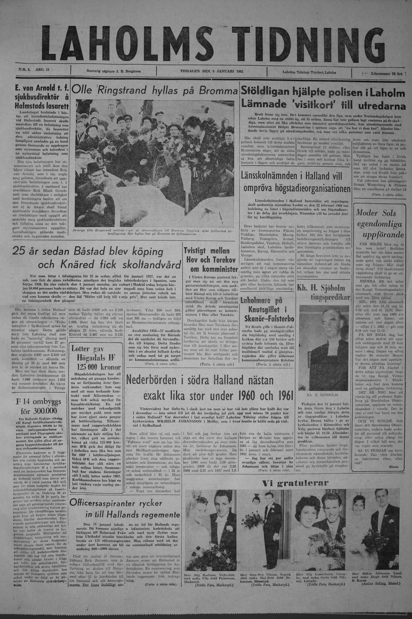 Laholms Tidning Tisdag 9 januari 1962, sida 1