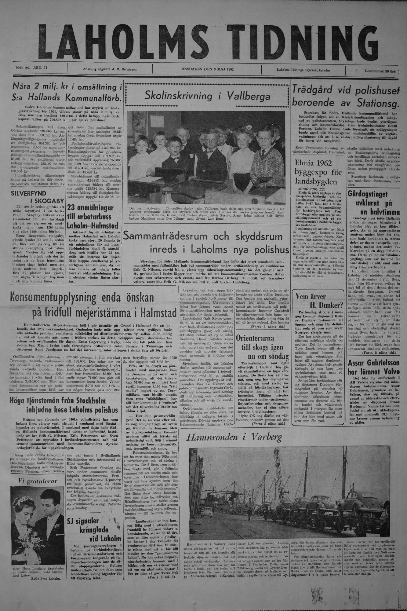 Laholms Tidning Onsdag 9 maj 1962, sida 1