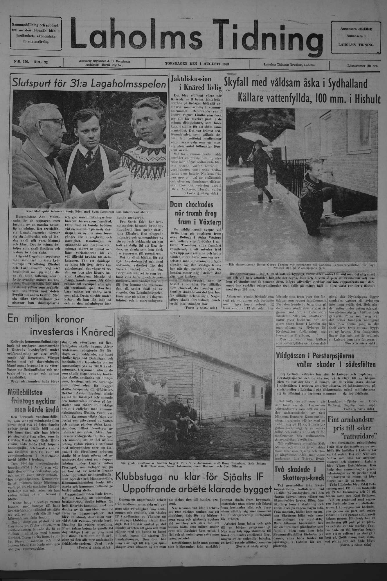 Laholms Tidning Torsdag 1 augusti 1963, sida 1