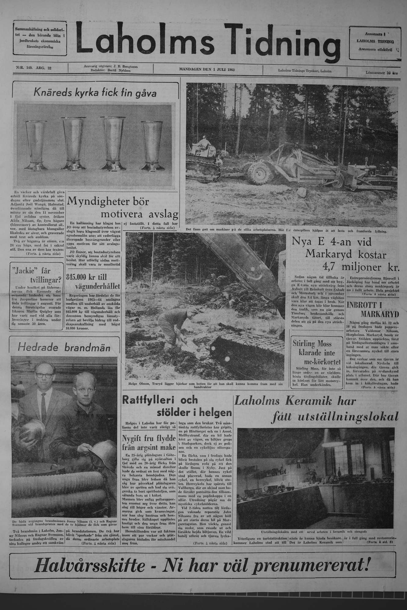 Laholms Tidning Måndag 1 juli 1963, sida 1